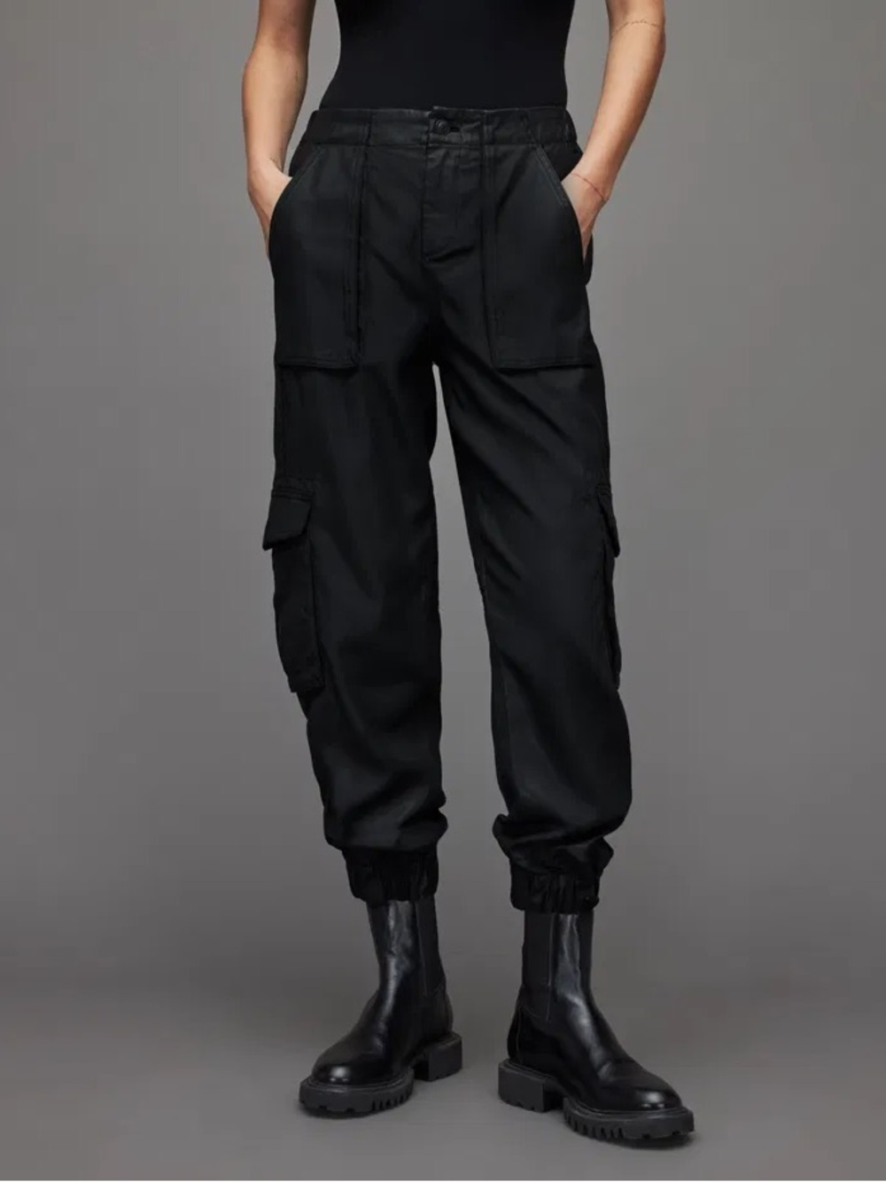 Allsaints Frieda High-Rise Coated Cargo Trousers Black Size 0 Moto Biker Punk